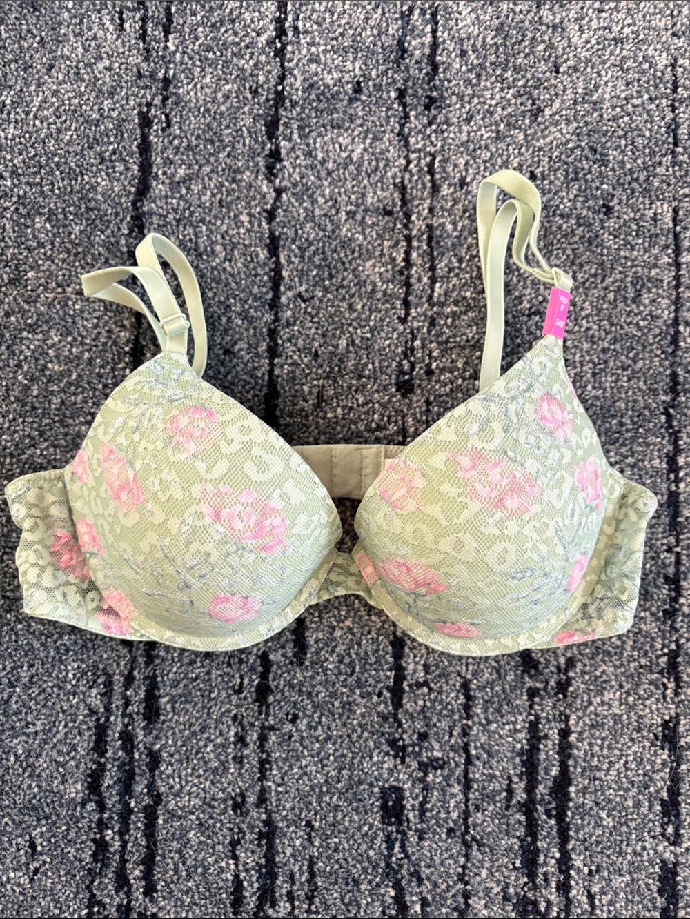 NEW PINK Floral Lace Push-Up Bra - Light Green with Pink Roses